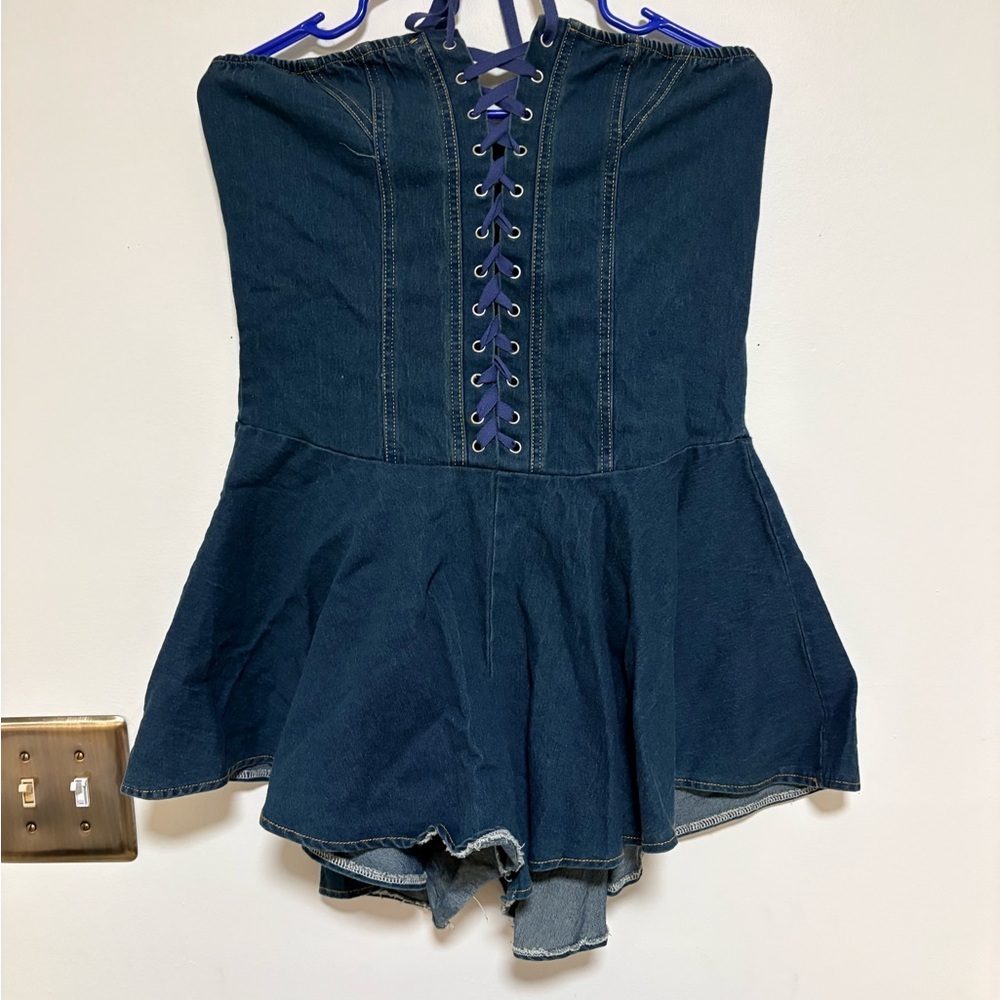 Denim Halter Romper with Lace-Up Front